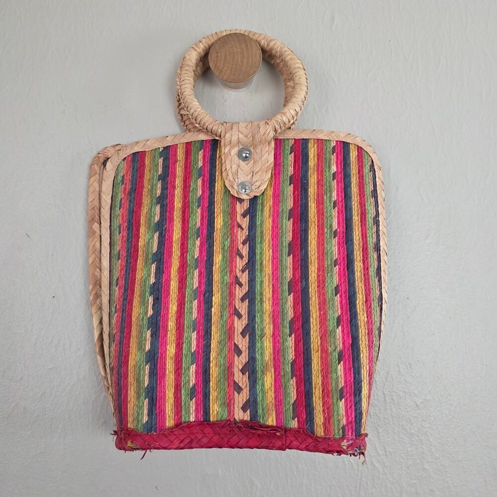 Handwoven Straw Tote Bag Multicolor Striped Woven Beach Bag Boho Market Basket